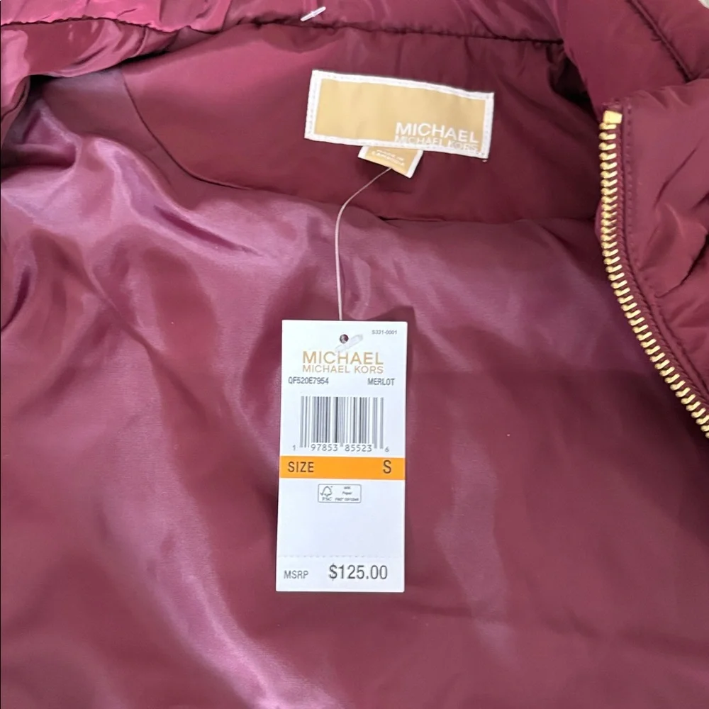 Michael Kors Dark Ruby Quilted Puffer Vest Gold Zip Size Small NWT